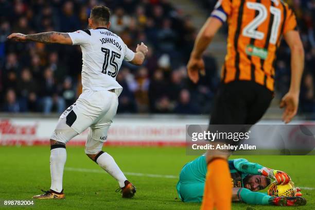 Allan McGregor of Hull City saves a shot from Derby County's Bradley Johnson during the Sky Bet Championship match between Hull City and Derby County...