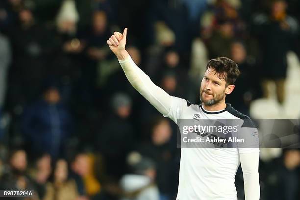 David Nugent of Derby County gives a thumbs up to the Derby supporters during the Sky Bet Championship match between Hull City and Derby County at...