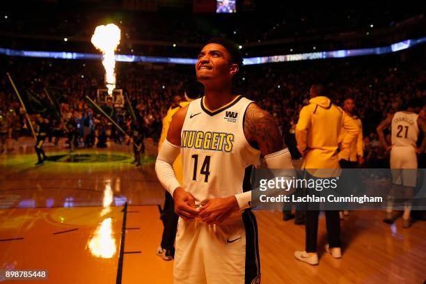 Gary Harris of the Denver Nuggets looks on during player introductions before the game against the Golden State Warriors at ORACLE Arena on December...