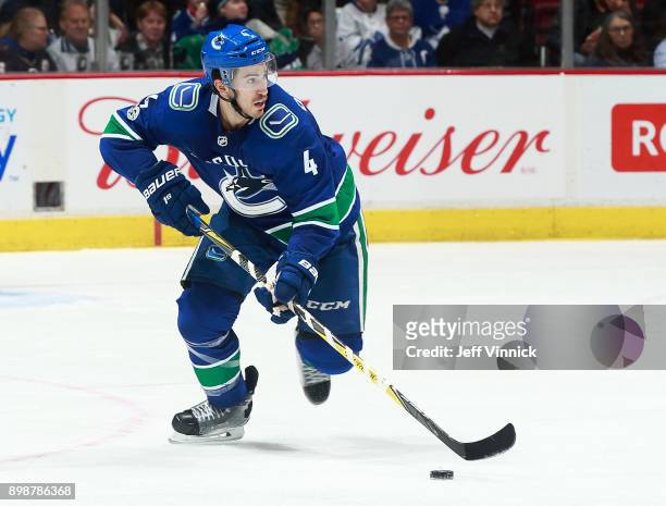 Michael Del Zotto of the Vancouver Canucks skates up ice during their NHL game against the Toronto Maple Leafs at Rogers Arena December 2, 2017 in...