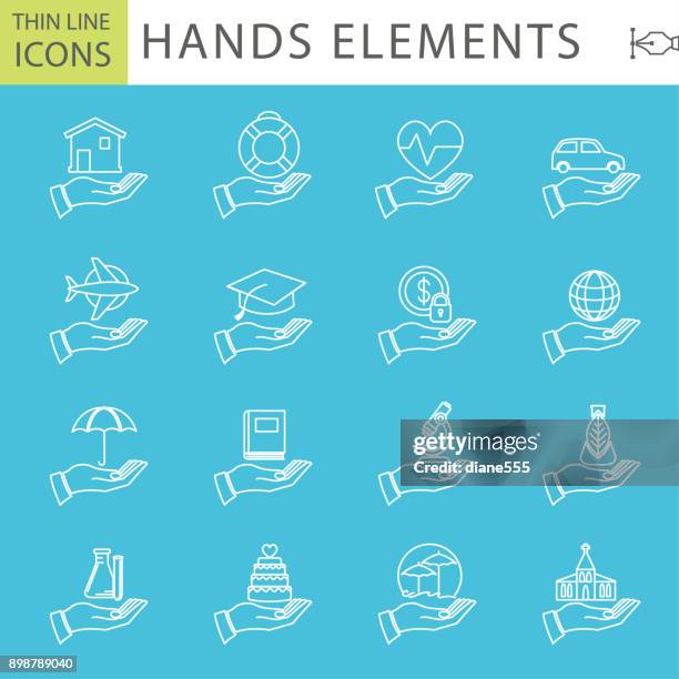set of thin line icon set - hand holding elements - beach wedding stock illustrations