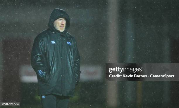 Ospreys' Head Coach Steve Tandy during the Guinness Pro14 Round 11 match between Scarlets and Ospreys at Parc y Scarlets on December 26, 2017 in...