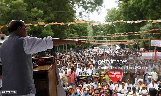 Leader Mr. Rajnath Singh protesting at Jantar Mantar against the price hike and against the alleged failure of the Union Government to control the...