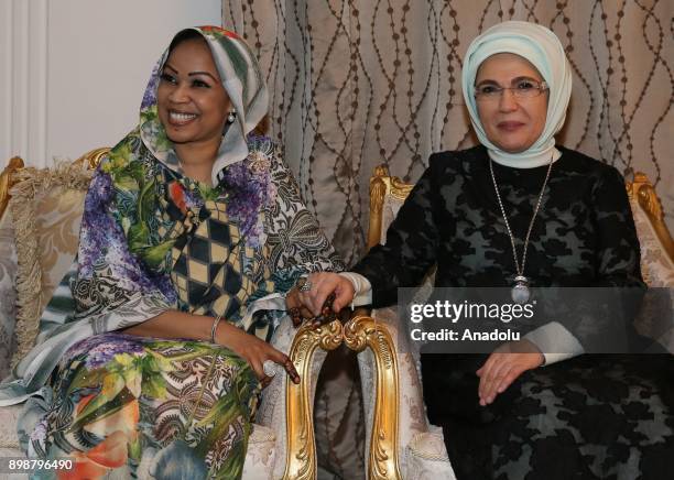 Turkish President Recep Tayyip Erdogan and his wife Emine Erdogan meet with President of Chad Idriss Deby and his wife Hinda Deby after they arrived...