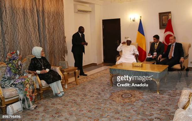 Turkish President Recep Tayyip Erdogan and his wife Emine Erdogan meet with President of Chad Idriss Deby and his wife Hinda Deby after they arrived...