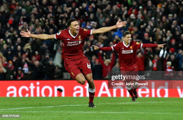 Trent Alexander- Arnold of Liverpool celebrates after scoring his team's fourth goal during the Premier League match between Liverpool and Swansea...