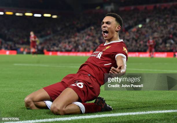 Trent Alexander- Arnold of Liverpool celebrates after scoring his team's fourth goal during the Premier League match between Liverpool and Swansea...