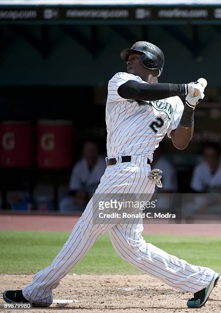 Hanley Ramirez of the Florida Marlins bats during the first game of a MLB doubleheader against the Colorado Rockies on August 16, 2009 at Land Shark...
