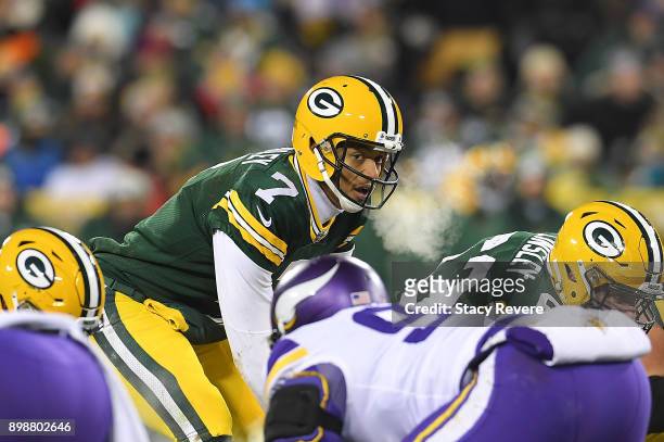 Brett Hundley of the Green Bay Packers calls a play at the line during a game against the Minnesota Vikings at Lambeau Field on December 23, 2017 in...