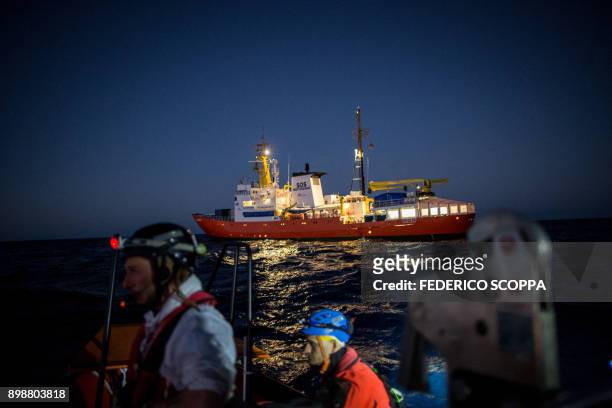 The Aquarius , a former North Atlantic fisheries protection ship now used by humanitarians SOS Mediterranee and Medecins Sans Frontieres , is seen on...