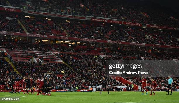 Philippe Coutinho of Liverpool comes close during the Premier League match between Liverpool and Swansea City at Anfield on December 26, 2017 in...