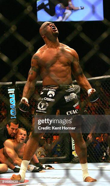 Quinton Jackson celebrates his TKO victory at 1:53 of the first round against Chuck Liddell during their bout for the UFC Light Heavyweight Title of...