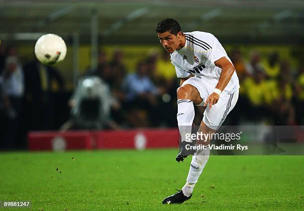 Cristiano Ronaldo of Madrid shoots from a free kick during a friendly match between Borussia Dortmund and Real Madrid at the Signal Iduna Park on...