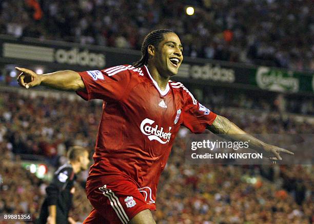 Liverpool's Glen Johnson celebrates after scoring a goal against Stoke City during a Premier League match at Anfield in Liverpool, north west England...