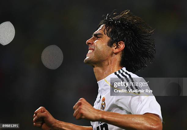 Kaka of Madrid celebrates after scoring from a penalty kick the 0:4 goal during a friendly match between Borussia Dortmund and Real Madrid at the...