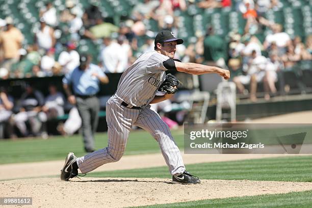 Huston Street of the Colorado Rockies pitches during the game against the Oakland Athletics at the Oakland Coliseum on June 28, 2009 in Oakland,...