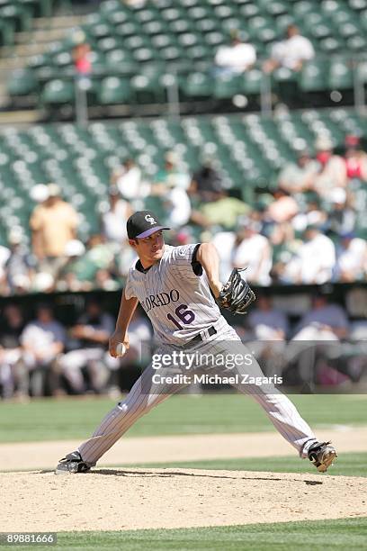 Huston Street of the Colorado Rockies pitches during the game against the Oakland Athletics at the Oakland Coliseum on June 28, 2009 in Oakland,...