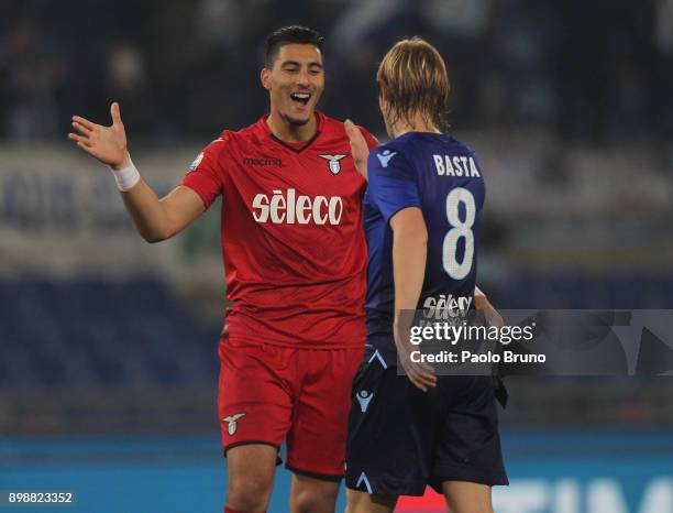 Dusan Basta and Thomas Strakosha of SS Lazio celebrate after the TIM Cup match between SS Lazio and ACF Fiorentina at Olimpico Stadium on December...