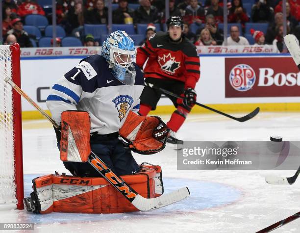 Ukko-Pekka Luukkonen of Finland makes the save against Team Canada during the third period at KeyBank Center on December 26, 2017 in Buffalo, New...
