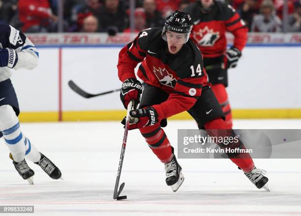 Maxime Comtois of Canada takes the puck into the Finland zone during the third period at KeyBank Center on December 26, 2017 in Buffalo, New York....