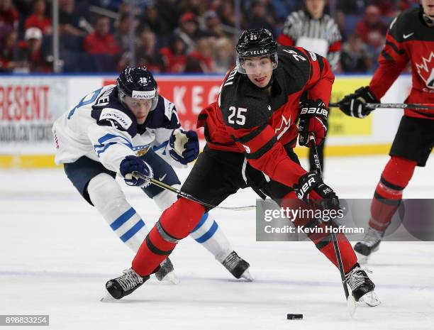 Jordan Kyrou of Canada skates up ice with the puck during the third period as Kristian Vesalainen of Finland pursues at KeyBank Center on December...