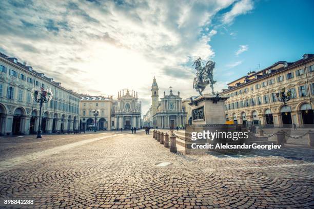 main view of san carlo square and twin churches, turin - turin stock pictures, royalty-free photos & images