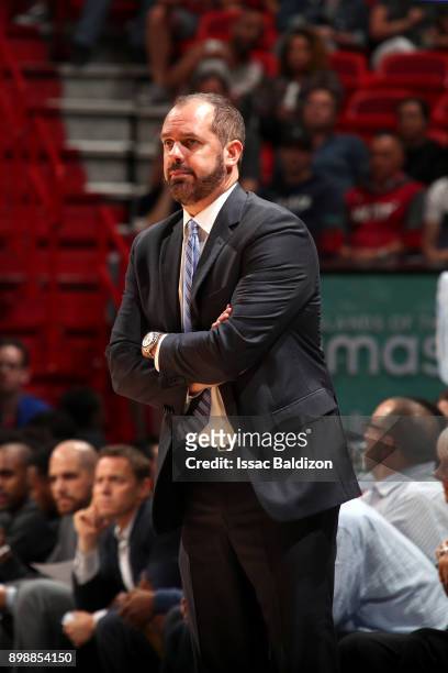 Head Coach Frank Vogel of the Orlando Magic looks on during the game against the Miami Heat on December 26, 2017 at American Airlines Arena in Miami,...