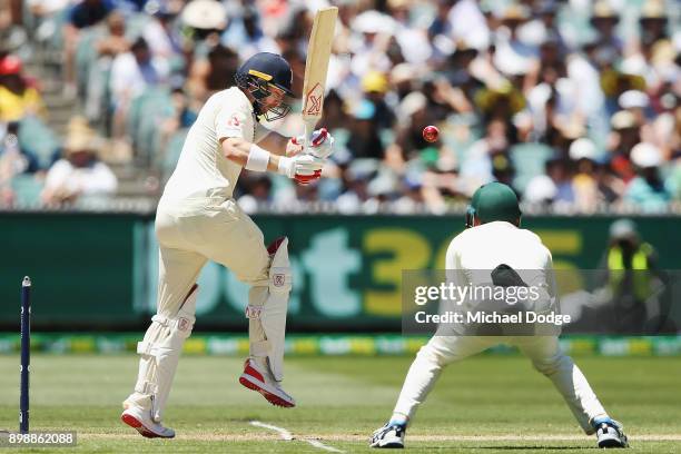 Mark Stoneman of England is struck on the body during day two of the Fourth Test Match in the 2017/18 Ashes series between Australia and England at...