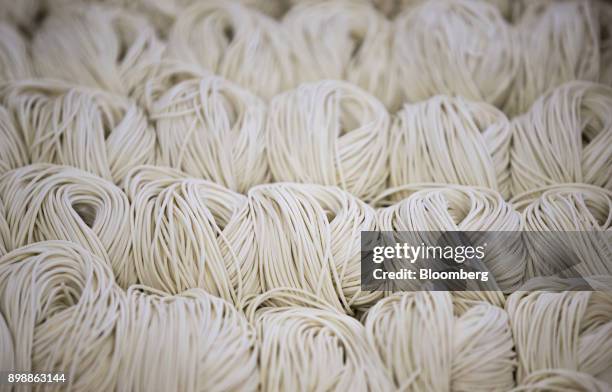 Ramen noodles made from Ra-Mugi sit at the Hakata-Sanki Co. Facility in Dazaifu, Fukuoka, Japan, on Dec. 21, 2017. Fukuoka, on Japans southern island...