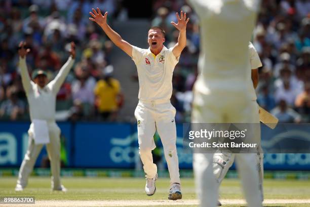 Jackson Bird of Australia appeals unsuccessfully during day two of the Fourth Test Match in the 2017/18 Ashes series between Australia and England at...