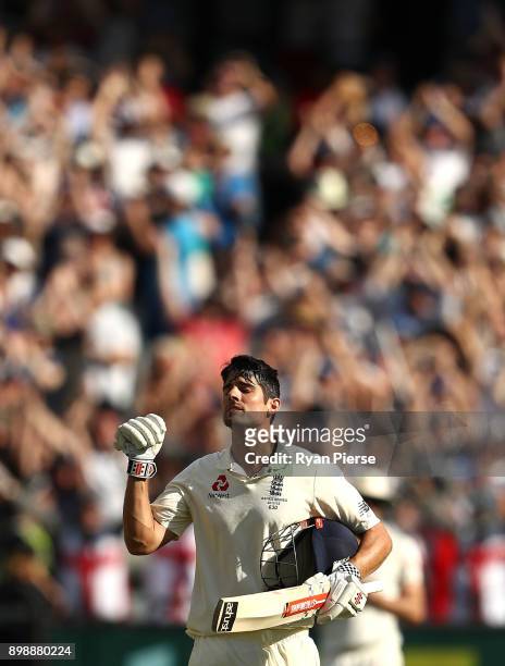 Alastair Cook of England celebrates after reaching his century during day two of the Fourth Test Match in the 2017/18 Ashes series between Australia...