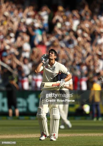 Alastair Cook of England celebrates after reaching his century during day two of the Fourth Test Match in the 2017/18 Ashes series between Australia...