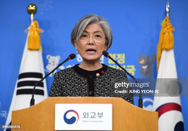 South Korea's Foreign Minister Kang Kyung-Wha speaks before a briefing of a special task force for investigating the 2015 South Korea-Japan agreement...