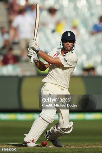Alastair Cook of England hits the ball to bring up his century during day two of the Fourth Test Match in the 2017/18 Ashes series between Australia...