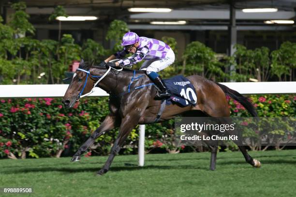 Jockey Silvestre De Sousa riding Peace Combination wins the Race 5 Longines International Jockeys' Championship - 2nd Leg at Happy Valley Racecourse...