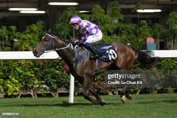 Jockey Silvestre De Sousa riding Peace Combination wins the Race 5 Longines International Jockeys' Championship - 2nd Leg at Happy Valley Racecourse...