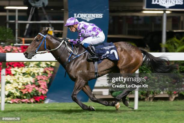 Jockey Silvestre De Sousa riding Peace Combination wins the Race 5 Longines International Jockeys' Championship - 2nd Leg at Happy Valley Racecourse...