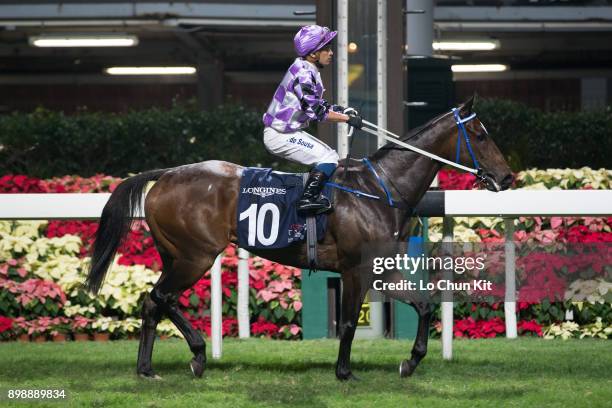 Jockey Silvestre De Sousa riding Peace Combination wins the Race 5 Longines International Jockeys' Championship - 2nd Leg at Happy Valley Racecourse...