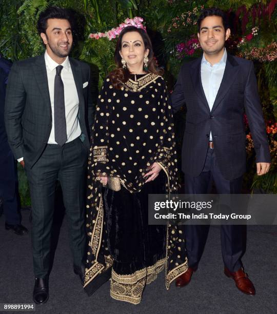 Ranbir Kapoor, Nita Ambani and Akash Ambani at Virat Kohli and Anushka Sharmas reception in Mumbai.