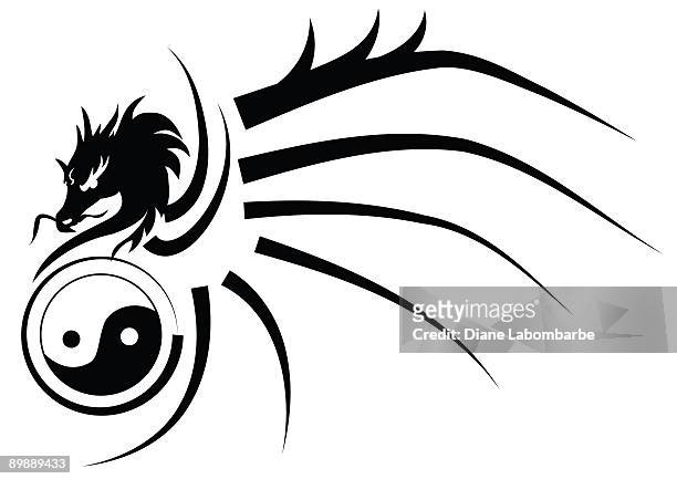 tribal yin-yang dragon tattoo style black and white silhouette - white dragon tattoo stock illustrations