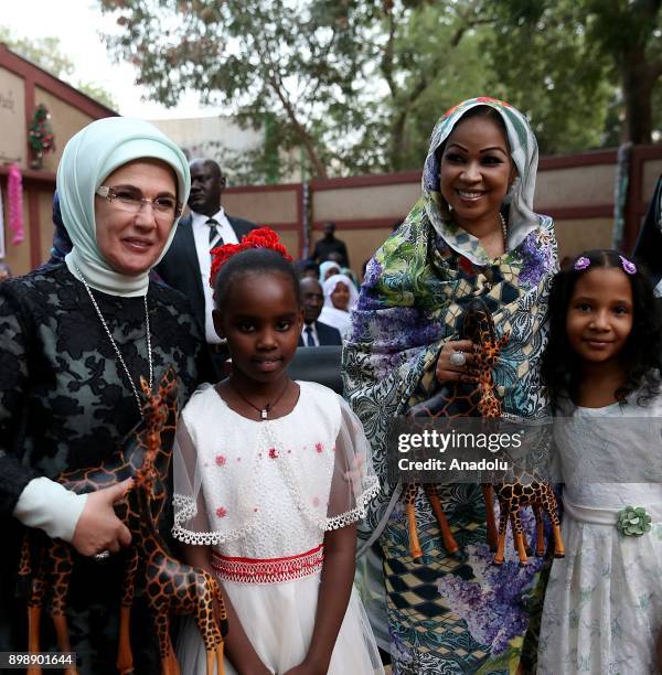 President of Turkey Recep Tayyip Erdogan's wife Emine Erdogan and President of Chad Idriss Deby's wife Hinda Deby meet with children at a school in...