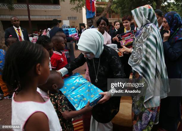 President of Turkey Recep Tayyip Erdogan's wife Emine Erdogan and President of Chad Idriss Deby's wife Hinda Deby meet with children at a school in...