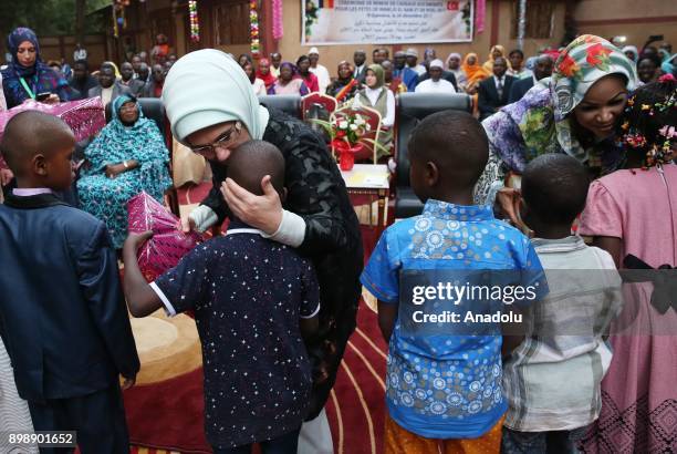 President of Turkey Recep Tayyip Erdogan's wife Emine Erdogan and President of Chad Idriss Deby's wife Hinda Deby meet with children at a school in...