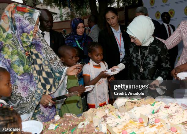 President of Turkey Recep Tayyip Erdogan's wife Emine Erdogan and President of Chad Idriss Deby's wife Hinda Deby meet with children at a school in...