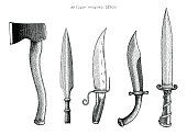 Antique weapons hand drawing engraving illustration