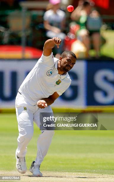 South African bowler Vernon Philander delivers a ball during the second day of the day night Test cricket match between South Africa and Zimbabwe at...