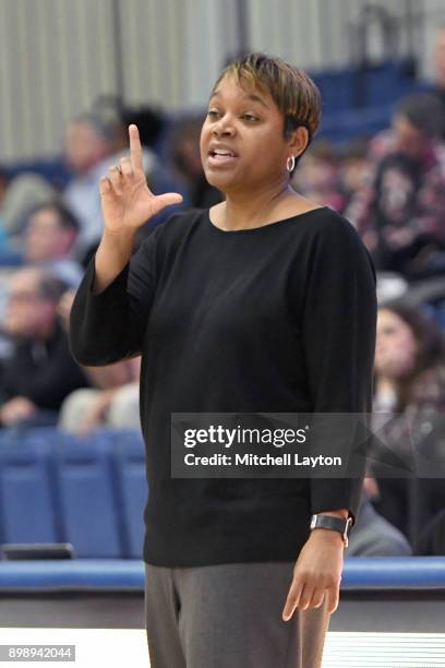 Head coach Coquese Washington of the Penn State Lady Lions signals a play during a women's college basketball game against the American University...