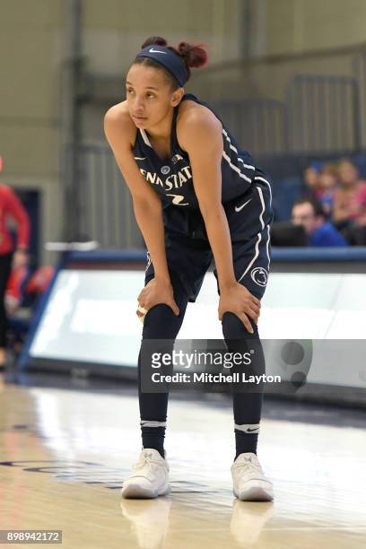 Amari Carter of the Penn State Lady Lions looks on during a women's college basketball game against the American University Eagles at Bender Arena on...