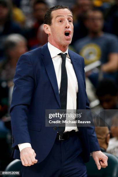Head coach Kenny Atkinson of the Brooklyn Nets directs his team against the Indiana Pacers during the first half at Bankers Life Fieldhouse on...