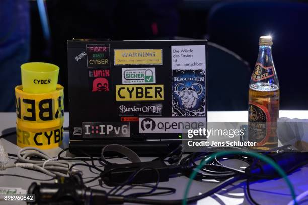 Laptop is standing on a table during the 34C3 Chaos Communication Congress of the Chaos Computer Club on December 27, 2017 in Leipzig, Germany. The...